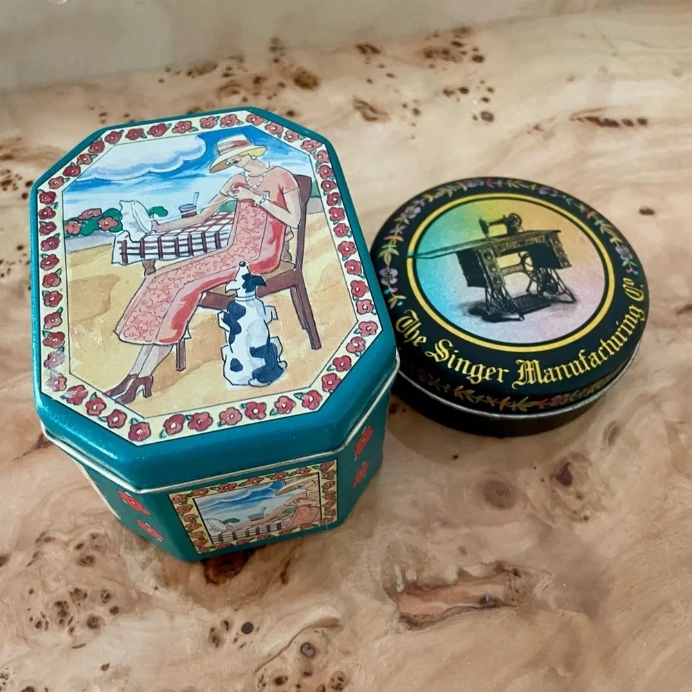 set of 2 Vintage Decorative Tins sewing room singer sewing storage organization